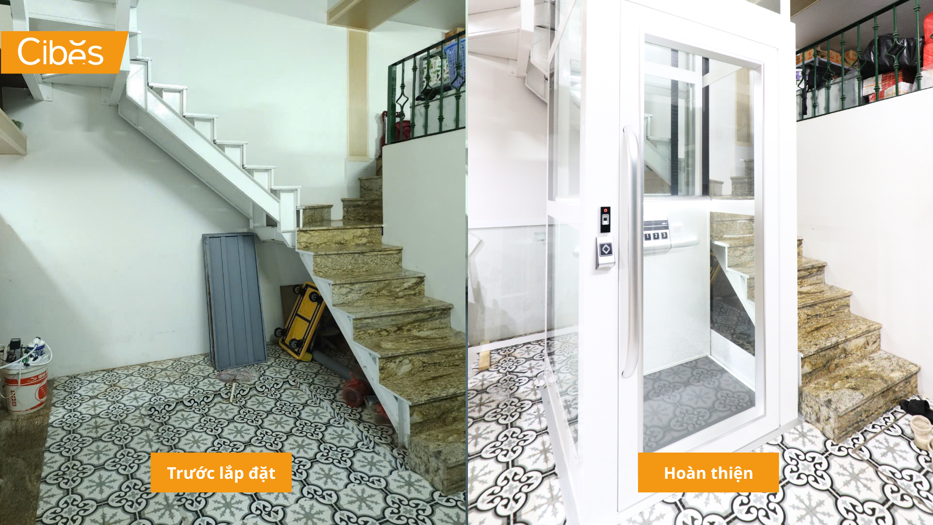 Thang máy gia đình 3 tầng Cibes Uno trước và sau khi lắp đặt tại phố cổ Hà Nội